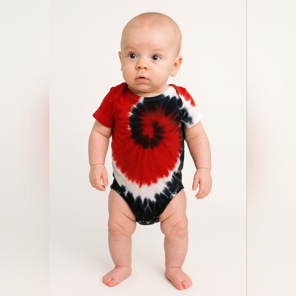 Hand Crafted Red and Black Spiral Tie-Dye Short Sleeve Onesie
